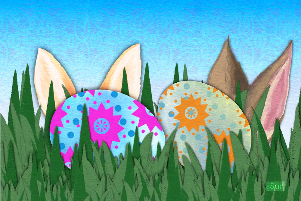Easter Category Image Two for Two Easter Card of Rabbit Ears and Two Painted Eggs